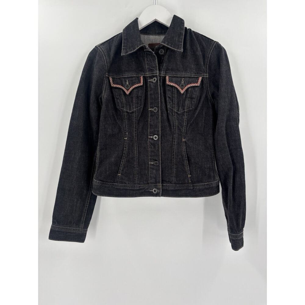 Lucky Brand Jean Jacket Womens Medium Black Denim Pockets Western Embroidered